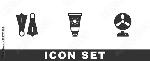 Set Rubber flippers for swimming, Sunscreen cream tube and Electric fan icon. Vector