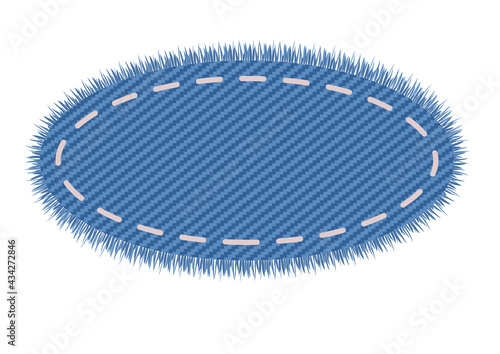 Oval denim shape in light blue color. Embroidery on a texlite tag. Geometric jeans sale label design.