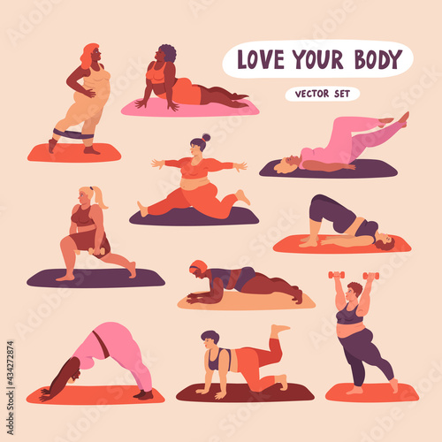 Vector cartoon set on the theme of sport, fitness, shape support, weight loss, healthy lifestyle, body positive, workout. Overweight women doing physical exercise