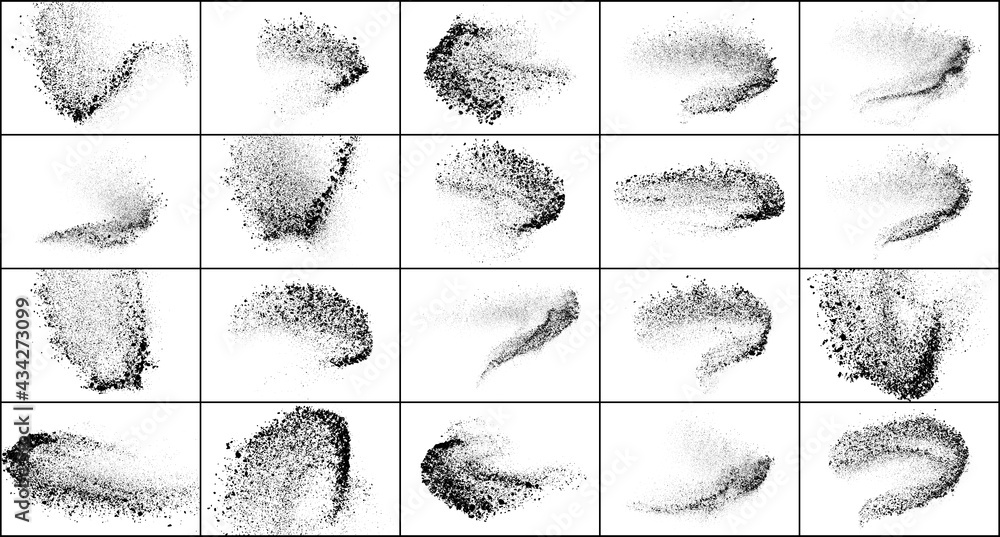 Set of explosion black grainy texture isolated on white background. Dust overlay textured. Dark noise particles. Grunge design elements. Vector illustration, Eps 10.