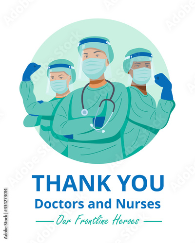 Frontline heroes, Illustration of doctors and nurses characters wearing masks. Vector
