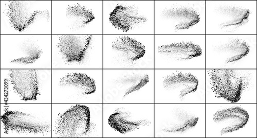 Set of explosion black grainy texture isolated on white background. Dust overlay textured. Dark noise particles. Grunge design elements. Vector illustration, Eps 10.