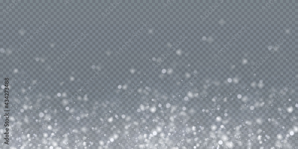 Abstract winter background from snowflakes blown by the wind on a white transparent background.