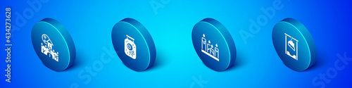 Set Isometric Castle, fortress, Burning candle, Guillotine and Eye jar icon. Vector