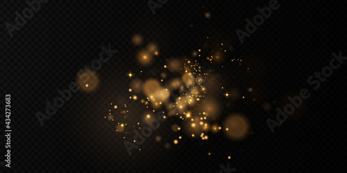 Glittering particles of fairy dust. Magic concept. Abstract festive background. Christmas background. Space background. Gold dust PNG.	