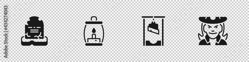 Set Tombstone with RIP written, Camping lantern, Guillotine and Witch icon. Vector