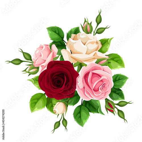 Vector bouquet of burgundy, pink and white rose flowers isolated on a white background.