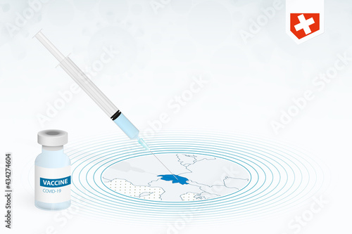 COVID-19 vaccination in Switzerland, coronavirus vaccination illustration with vaccine bottle and syringe injection in map of Switzerland.