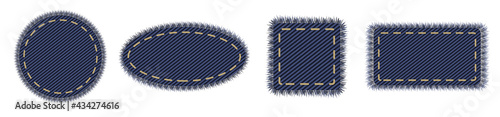 Set of 4 geometric denim shapes circle and square. Realistic texture for fabric label element. Blue patchwork material.