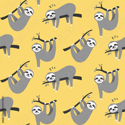 Cute sloth seamless pattern design in yellow and gray. Hand drawn sloth character hanging on the tree. Animal illustration for nursery design, birthday, baby shower design and party decor, print
