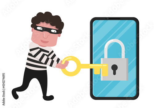 Bandit character design. bandit on white background. Padlock and Key vector.