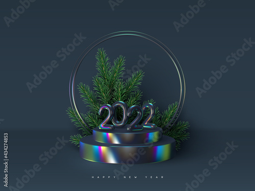 2022 New Year sign. Scene with 3d metallic iridescent numbers on the podium and fir branches. Dark background. Thin film effect. Vector illustration.