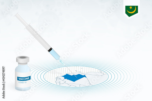 COVID-19 vaccination in Mauritania, coronavirus vaccination illustration with vaccine bottle and syringe injection in map of Mauritania.