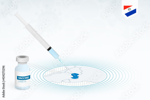 COVID-19 vaccination in Paraguay, coronavirus vaccination illustration with vaccine bottle and syringe injection in map of Paraguay.