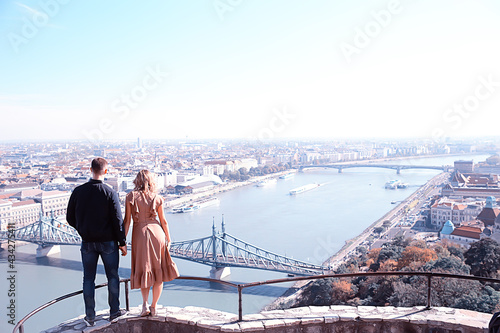 lovers boy and girl view of budapest panorama, gellert hill in budapest, hungary photo