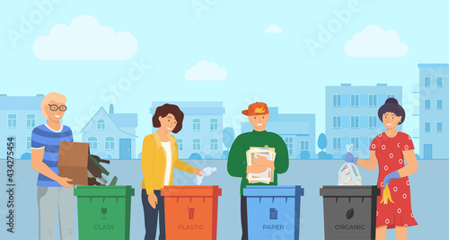 People sorting garbage for recycling in city street. Responsible men and women stand near dustbin and utilize trash and rubbish in different containers for waste utilization. Stop pollution vector