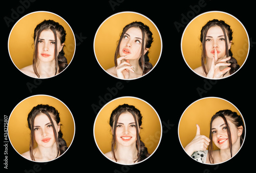 Portrait collage. Mood collection. Positive and negative emotions reactions. Headshot of pensive happy satisfied girl face isolated on orange in round frame on black set of 6.