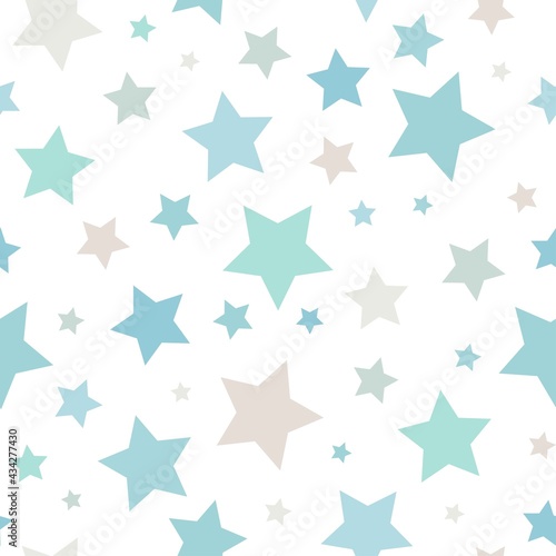 Seamless abstract pattern with little stars of different size and color on white background.