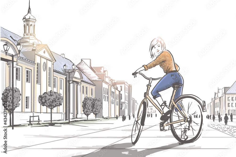 woman riding a bicycle in the city.