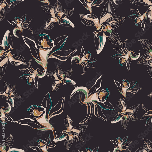 Tropical flowers on a black background, seamless pattern for fabric. Vector illustration of vanilla and lily flowers.