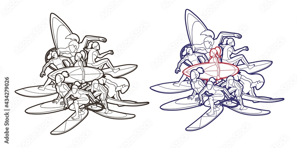 Naklejka premium Surfing Sport Surfer Woman Players Action Cartoon Graphic Vector