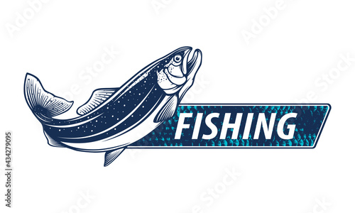 Salmon fishing  logo. Rainbow trout fish club emblem. Fishing theme illustration. Isolated on white.