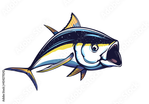 Tuna big fishing on white logo illustration. Vector illustration can be used for creating logo and emblem for fishing clubs, prints, web and other crafts.