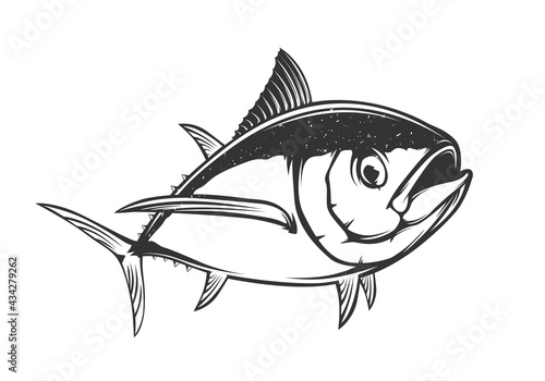 Tuna big fishing on white logo illustration. Vector illustration can be used for creating logo and emblem for fishing clubs, prints, web and other crafts.