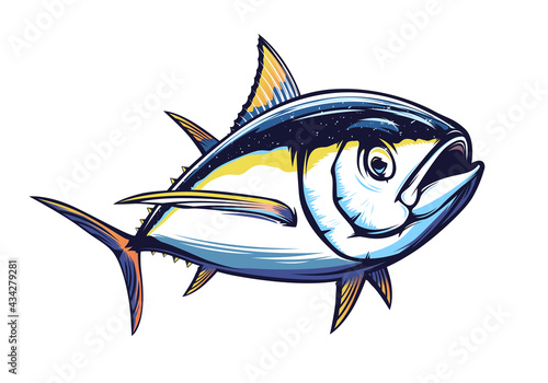 Tuna big fishing on white logo illustration. Vector illustration can be used for creating logo and emblem for fishing clubs, prints, web and other crafts.