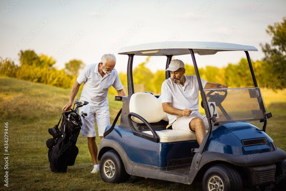 Two senior men golfers on court. Man sitting in golf cart. Two senior men golfers on court. Man sitting in golf cart.