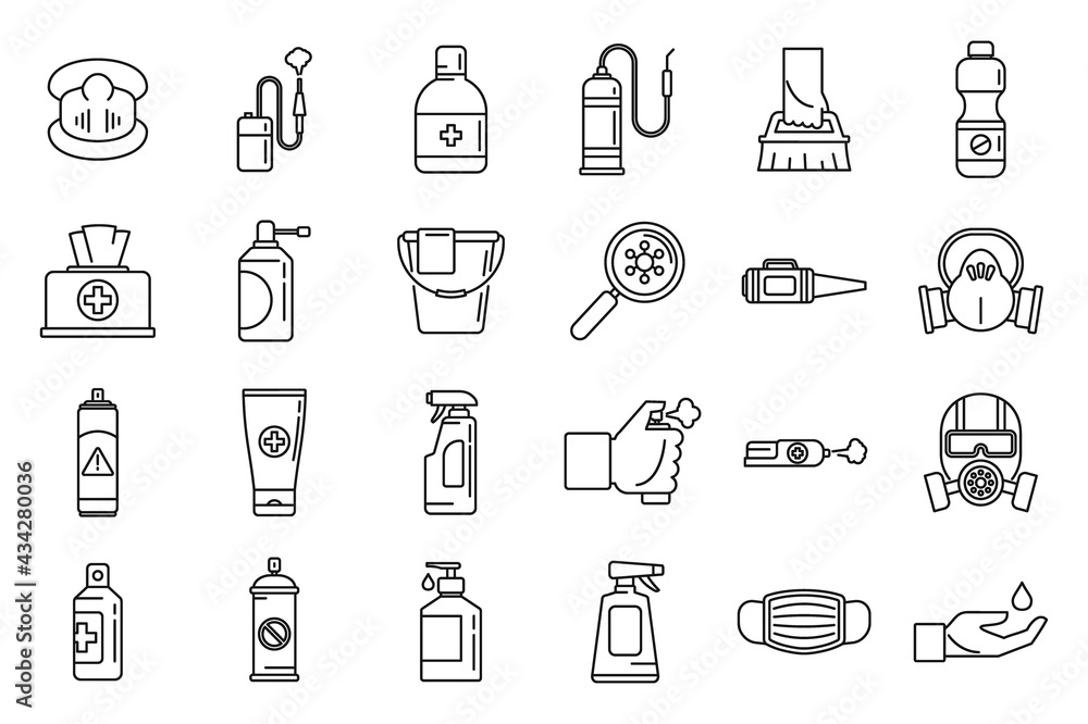 Home disinfection icons set, outline style Home disinfection icons set, outline style