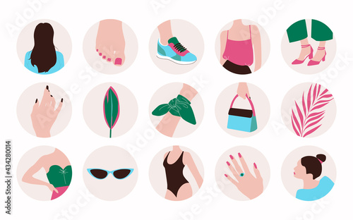 Summer fashion lifestyle story highlight covers. Green and pink illustrashions.