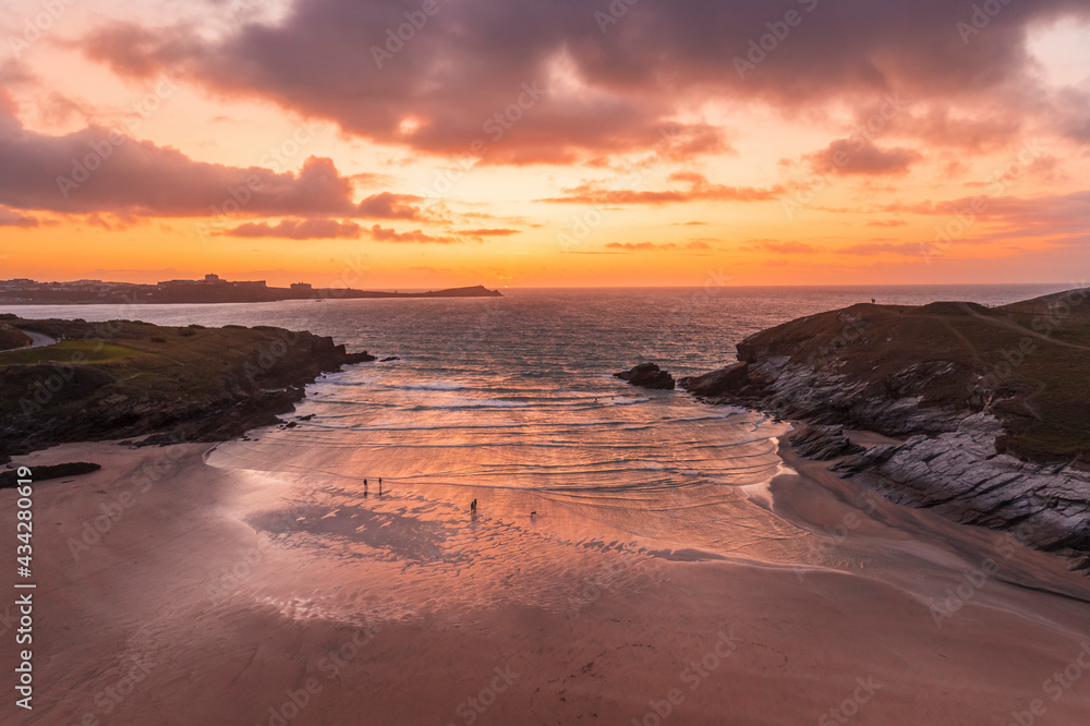 Aerial View of Porth Beach at sunset, Newquay, Cornwall, United Kingdom. Aerial View of Porth Beach at sunset, Newquay, Cornwall, United Kingdom.