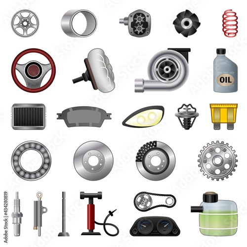 Car parts icons set, cartoon style