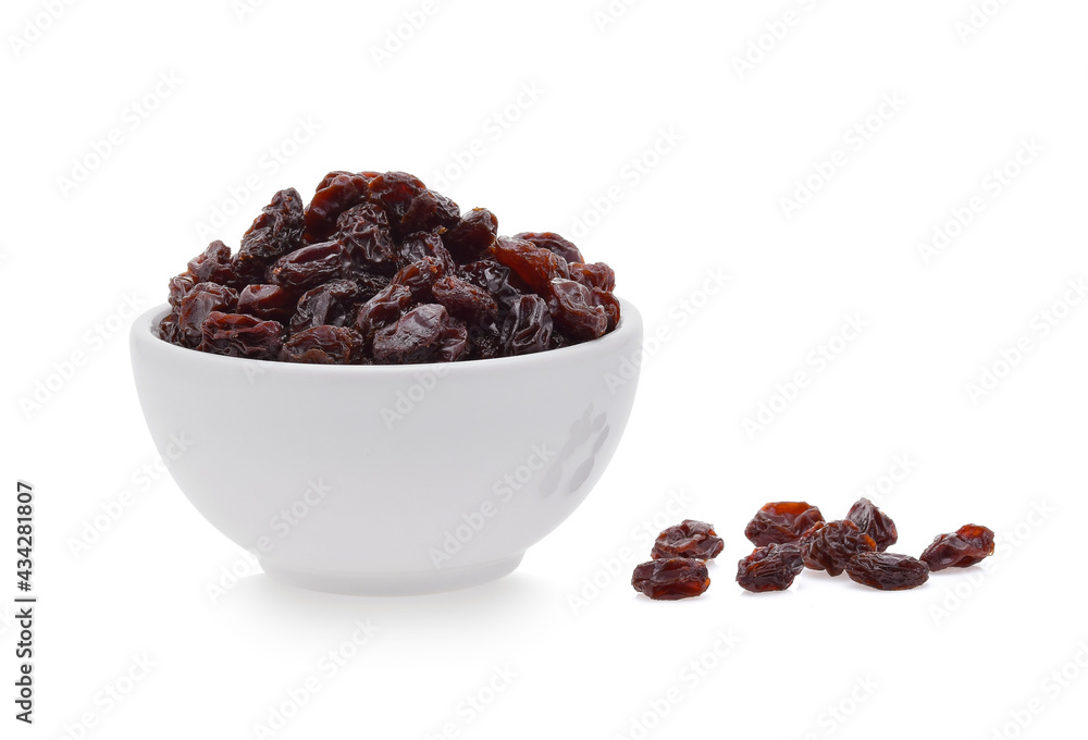 Dried raisins in bowl isolated on white background Dried raisins in bowl isolated on white background