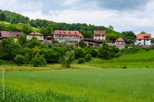 Beautiful view of the ancient village of Gundelfingen, Germany with many old half-timbered houses. The village is located in the UNESCO Biosphere Reserve.