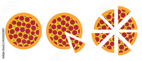 Slices of pizza. Different sizes. Infographics set. Cut pieces. Vector illustration. Fast food.
