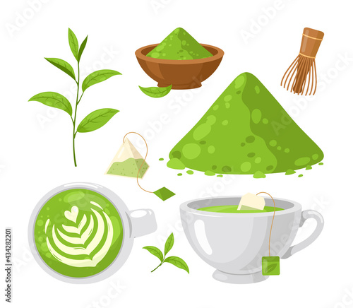Matcha tea. Vector set of organic tea matcha powder, tea leaves, matcha latte, whisk, tools for Japanese ceremony. Matcha green tea ceremony. Healthy drink. Japanese ethnic and national tea 