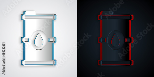 Paper cut Bio fuel barrel icon isolated on grey and black background. Eco bio and canister. Green environment and recycle. Paper art style. Vector