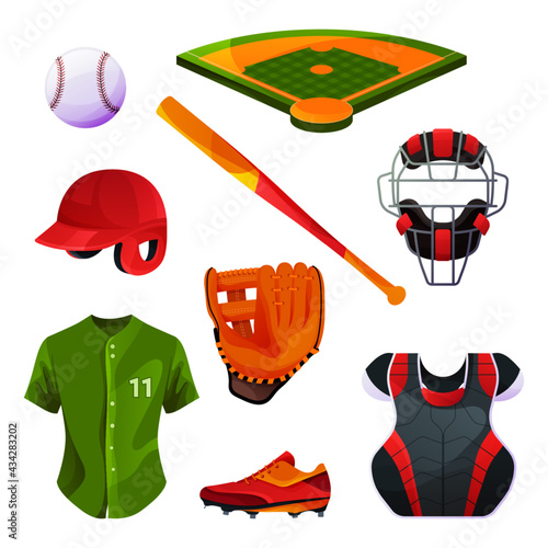 Baseball equipment and uniform, catcher's set, protective gear. Vector icons of field, baseball bat and ball, chest and facemask protector, sport apparel. Players body protection and game accessories.