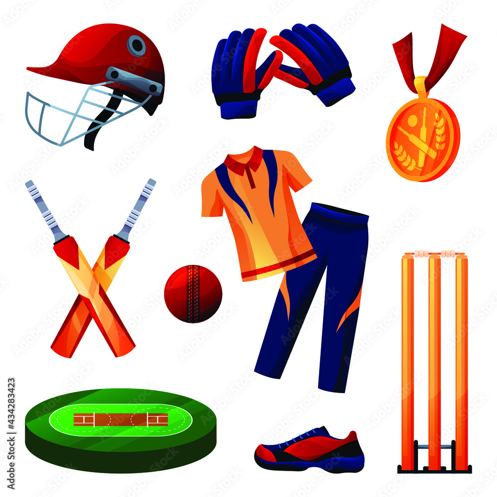Cricket equipment and sportswear set. Vector icons of field, cricket bat  and ball, helmet, wicket or stumps, shoe, uniform and gloves. Players tools  and accessories icons. Bat and ball game Stock Vector