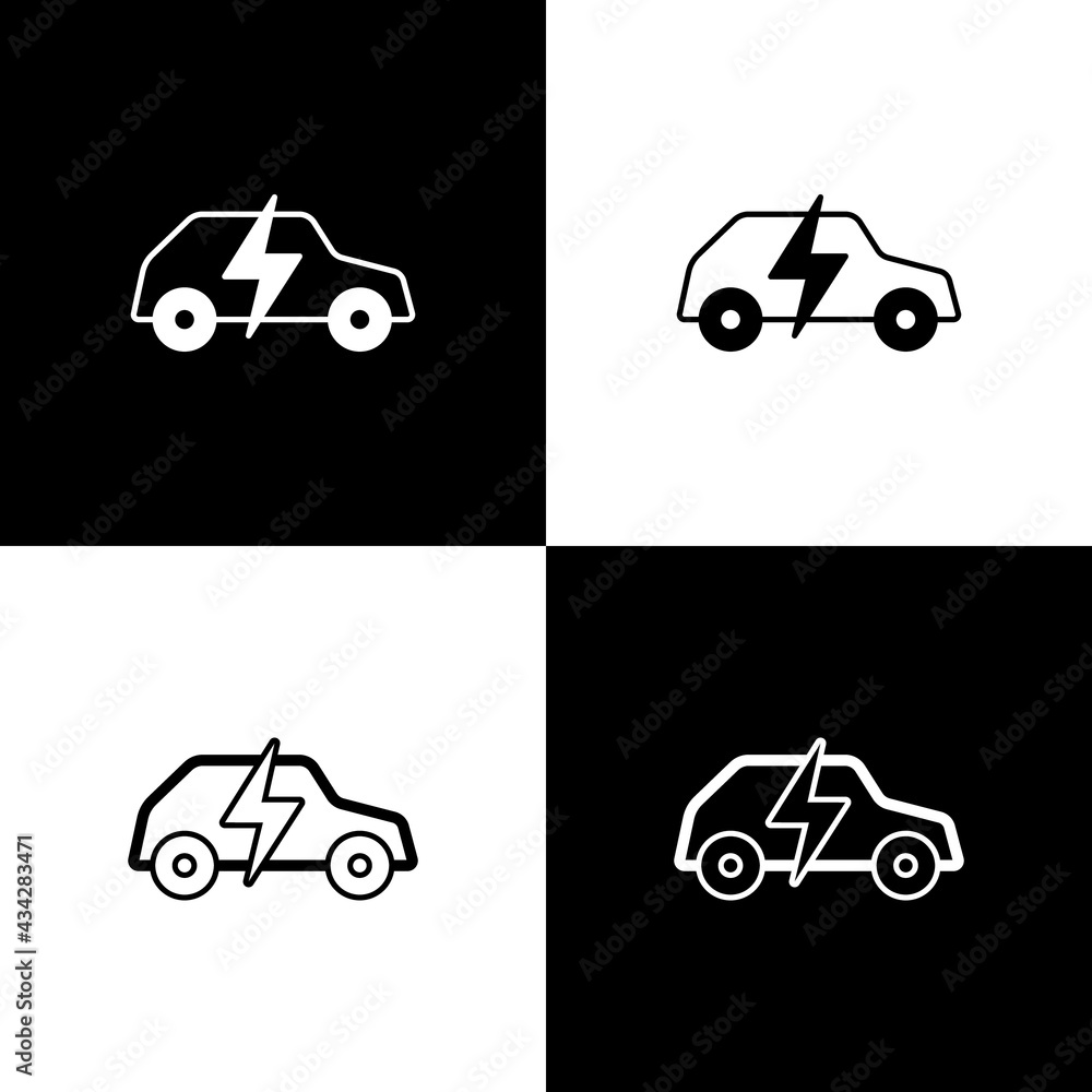 Fototapeta premium Set Electric car and electrical cable plug charging icon isolated on black and white background. Renewable eco technologies. Vector