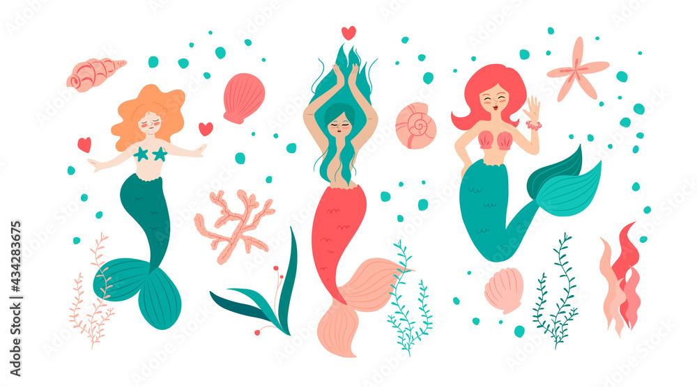 Set of cute mermaids dancing underwater
