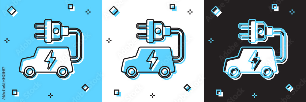 Set Electric car and electrical cable plug charging icon isolated on blue and white, black background. Renewable eco technologies. Vector Set Electric car and electrical cable plug charging icon isolated on blue and white, black background. Renewable eco technologies. Vector