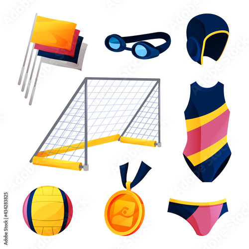 Water polo equipment or swim game accessories set. Vector icons of ball, net or goal, flags, gold medal, swimsuit and glasses, trunks and swim cap. Swimming products, watersport tools icons.