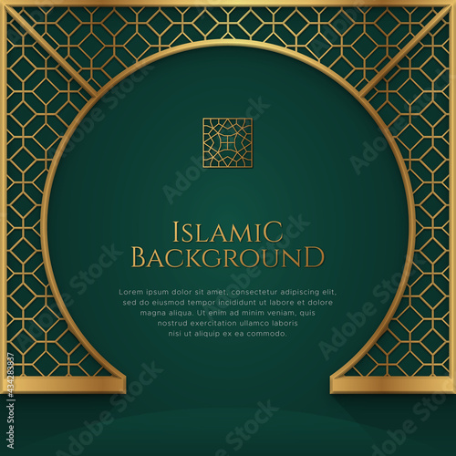 Islamic Arabic Golden Ornament Pattern Green Frame Background with Copy Space