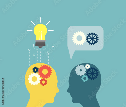 Heads of Business People with Mechanical Gear and Speech Bubble Discussing Cooperation