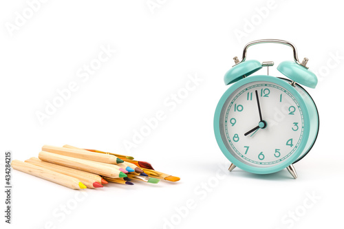 Stationary, back to school, summer time, creativity and education concept. Supplies- Scissors, pencils on white background.