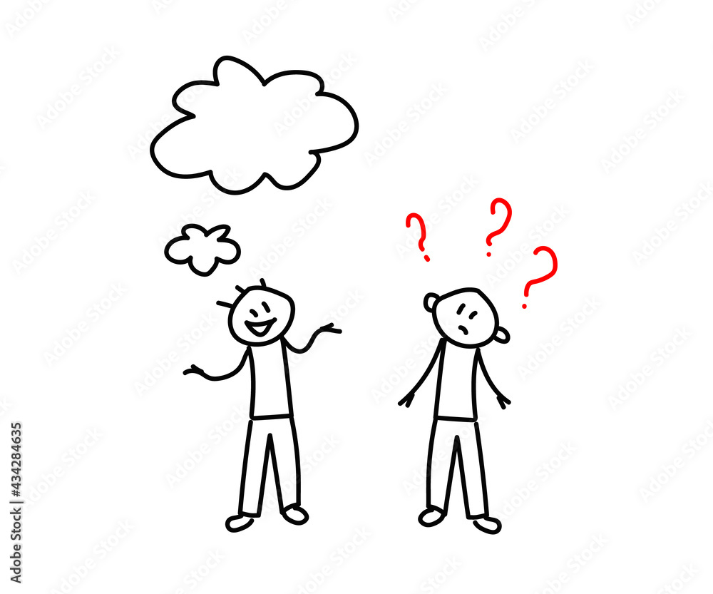 Two people are talking on a white background. Question mark. Sketch. Vector illustration. Two people are talking on a white background. Question mark. Sketch. Vector illustration.
