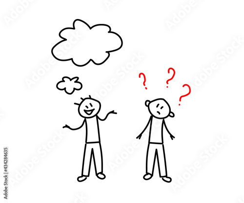 Two people are talking on a white background. Question mark. Sketch. Vector illustration.